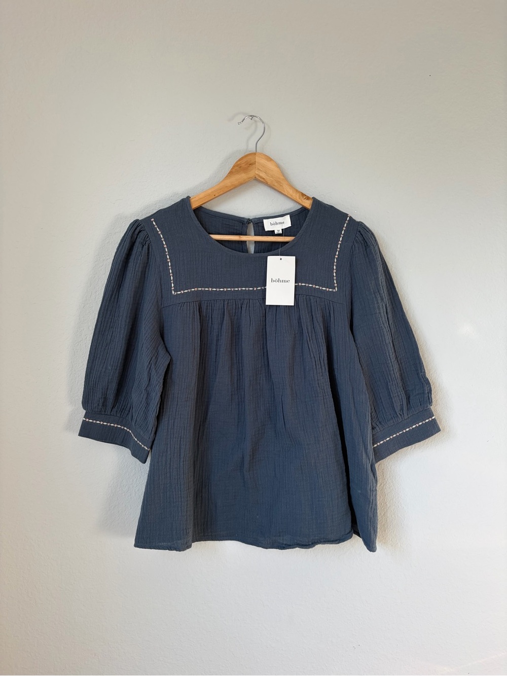 Böhme Blue Puff Sleeve Blouse Gauze Material Top Size Medium 100% Cotton NWT